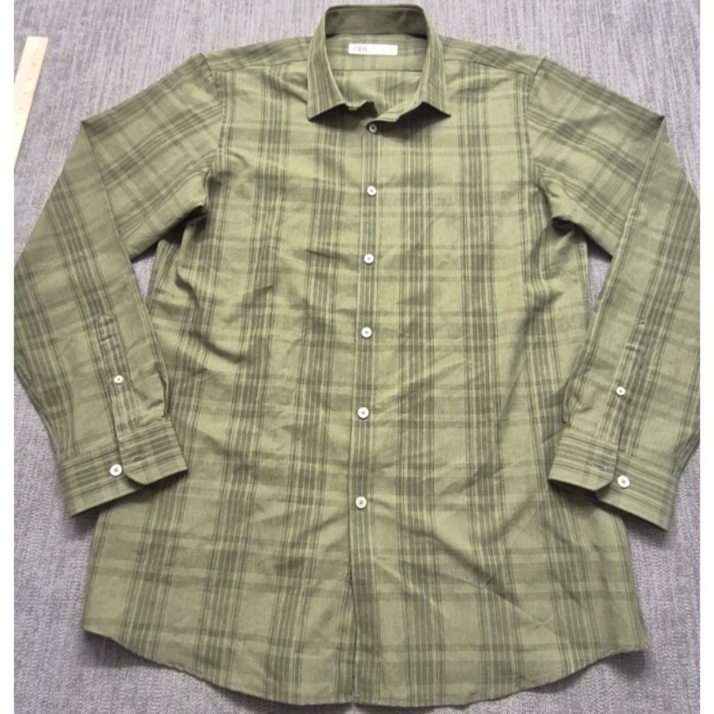 Zara men's green plaid long sleeve button up shirt XL stretch classic